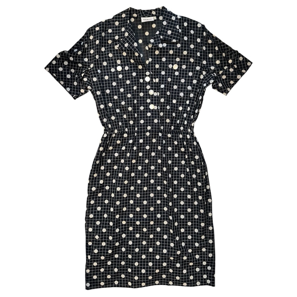 Vintage AKRIS Navy Blue Ploka Dot and Check Print Dress